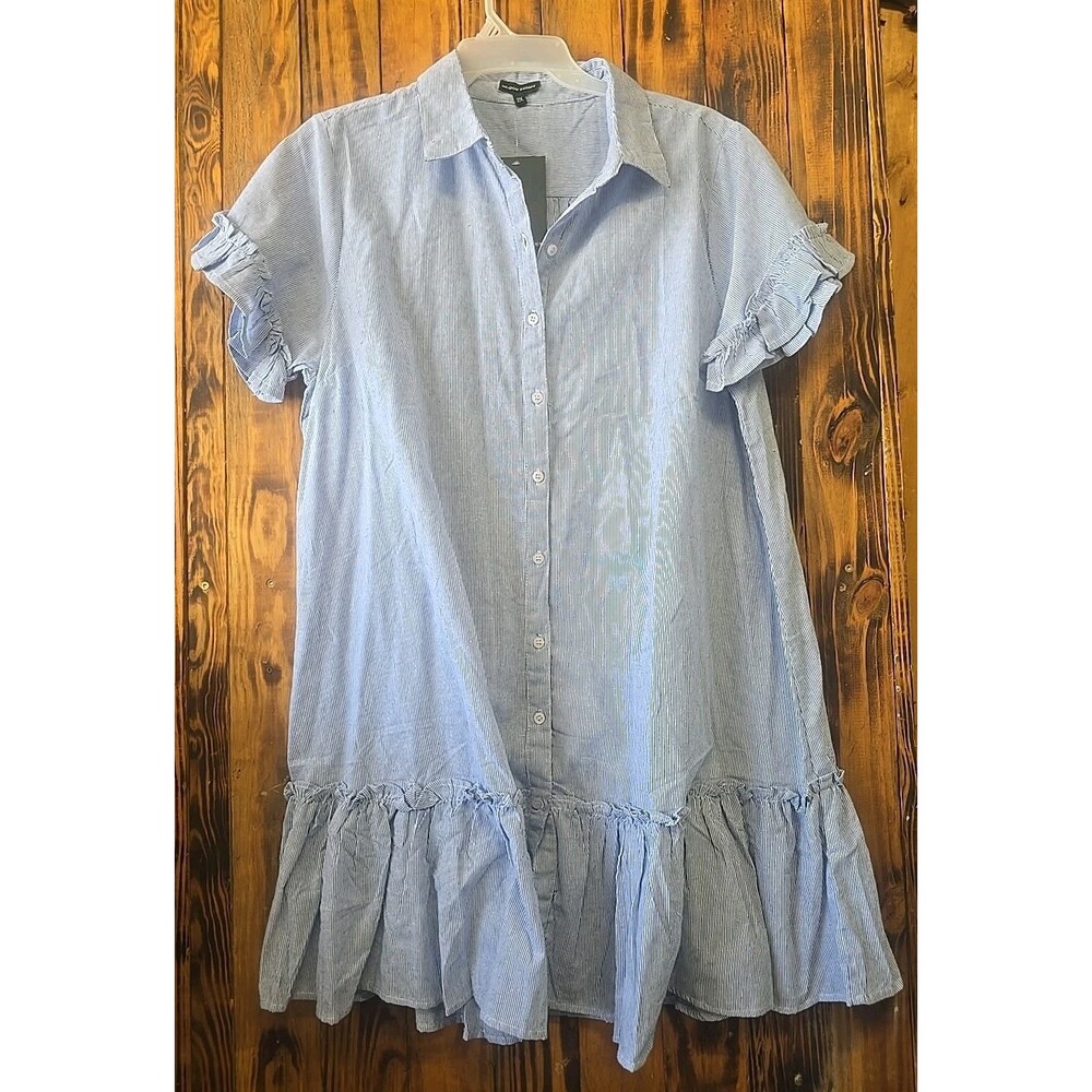 New! Meadow Rhodes Anthropologie Blue White Button-up Ruffle Hem Shirt Dress, 2X